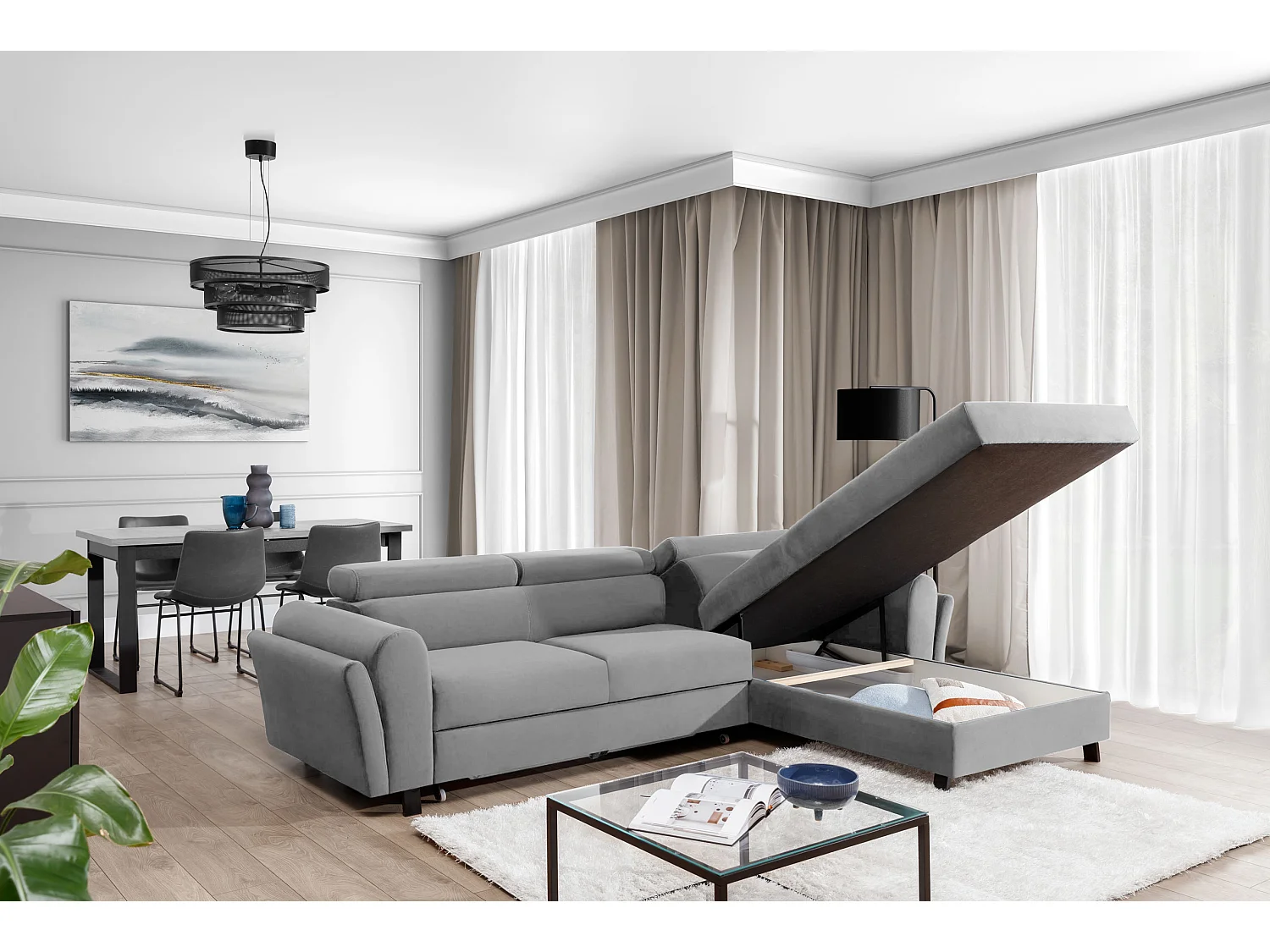 MAZALI fluwelen omvormbare hoekbank - Verstelbare hoofdsteunen en opbergruimte-Kleur Lichtgrijs-Dagbed Naar rechts
