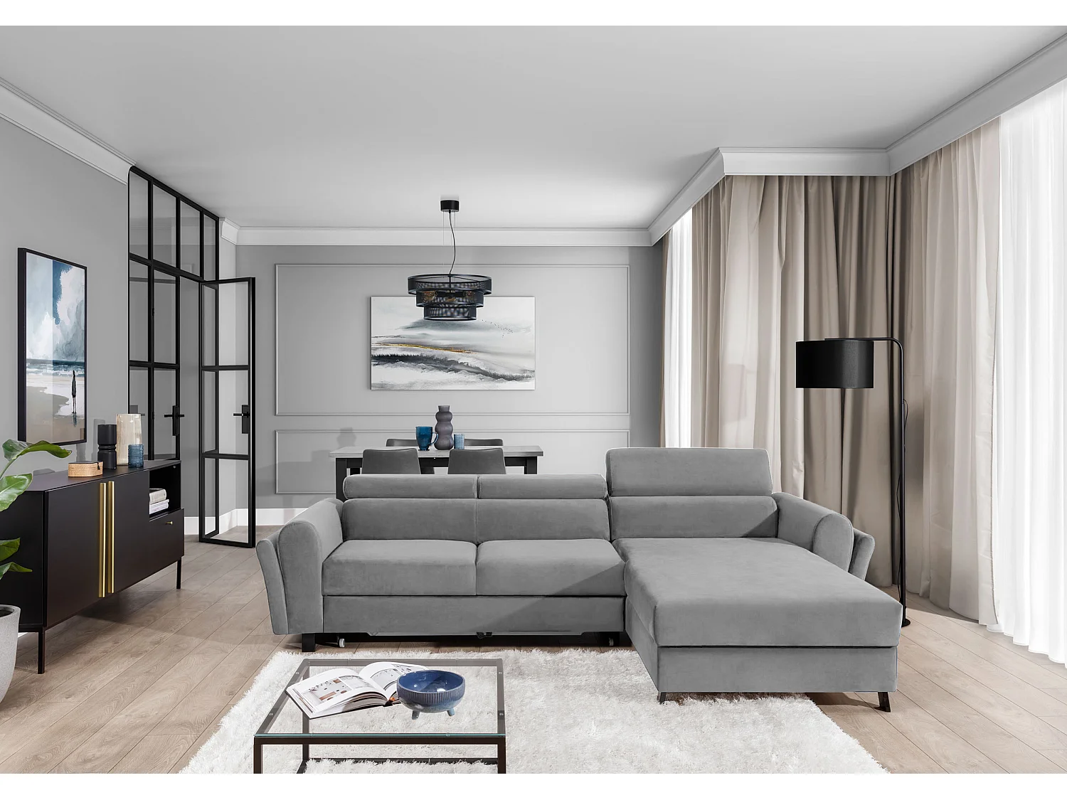 Canapé d’angle convertible MAZALI velours - Appuis-tête réglables et rangement-Gris clair-Méridienne A droite