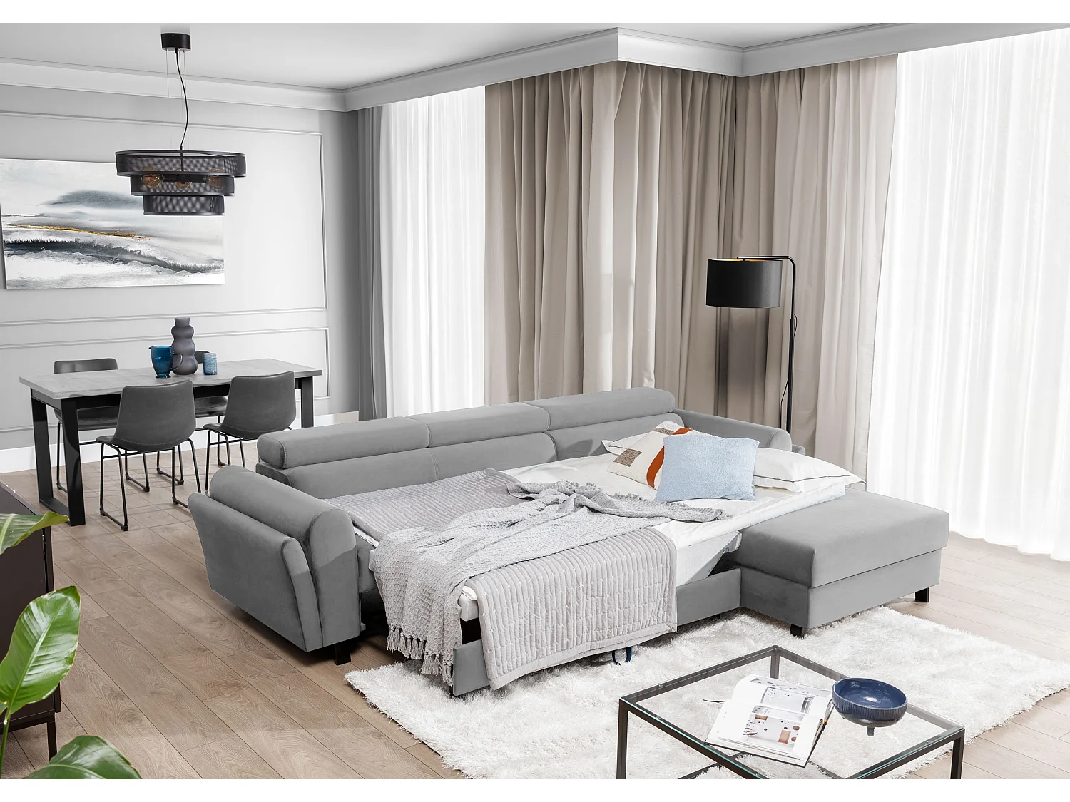 Canapé d’angle convertible MAZALI velours - Appuis-tête réglables et rangement-Gris clair-Méridienne A droite