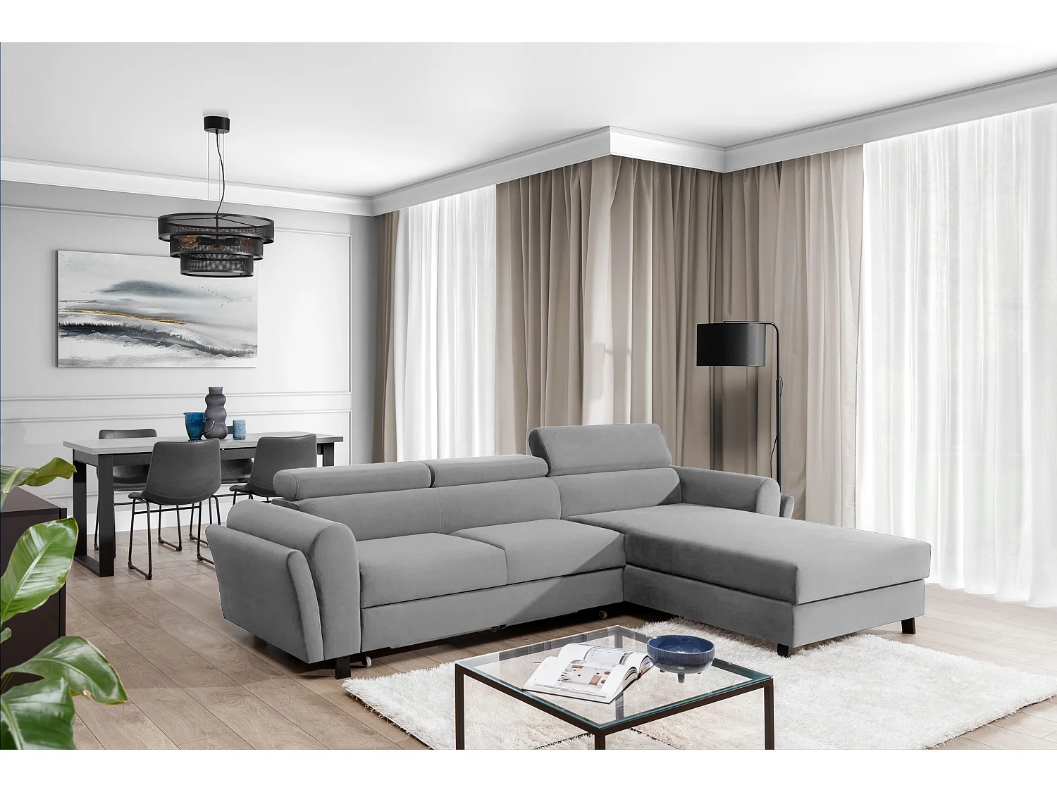 Canapé d’angle convertible MAZALI velours - Appuis-tête réglables et rangement-Gris clair-Méridienne A droite