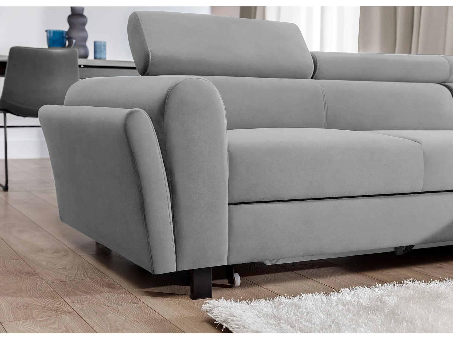 Canapé d’angle convertible MAZALI velours - Appuis-tête réglables et rangement-Gris clair-Méridienne A droite