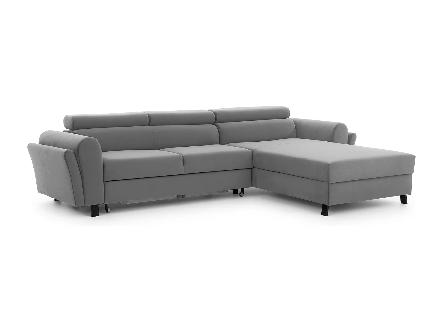 Canapé d’angle convertible MAZALI velours - Appuis-tête réglables et rangement-Gris clair-Méridienne A droite