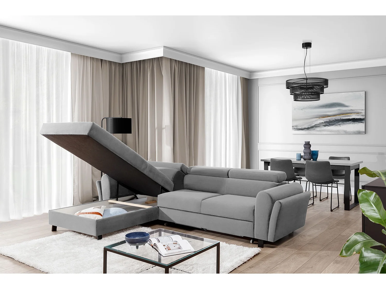 Canapé d’angle convertible MAZALI velours - Appuis-tête réglables et rangement-Gris clair-Méridienne A droite