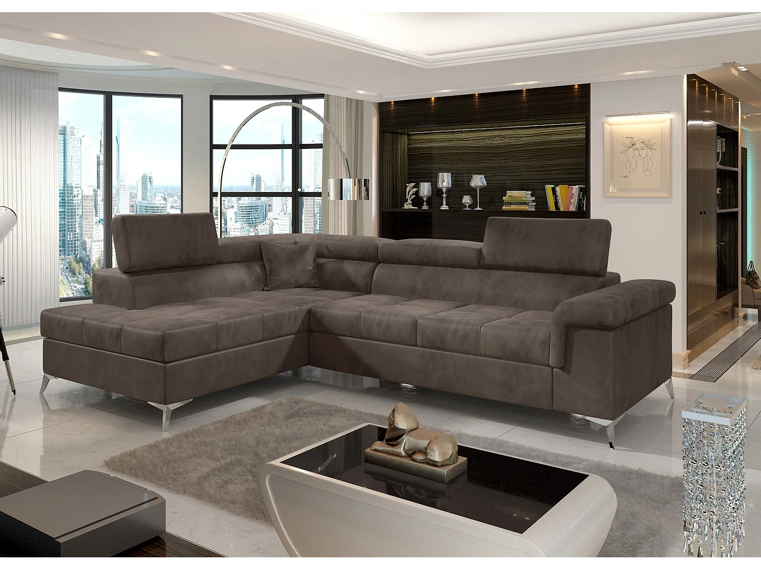 Canapé d'angle gauche convertible velours marron Marido 275cm