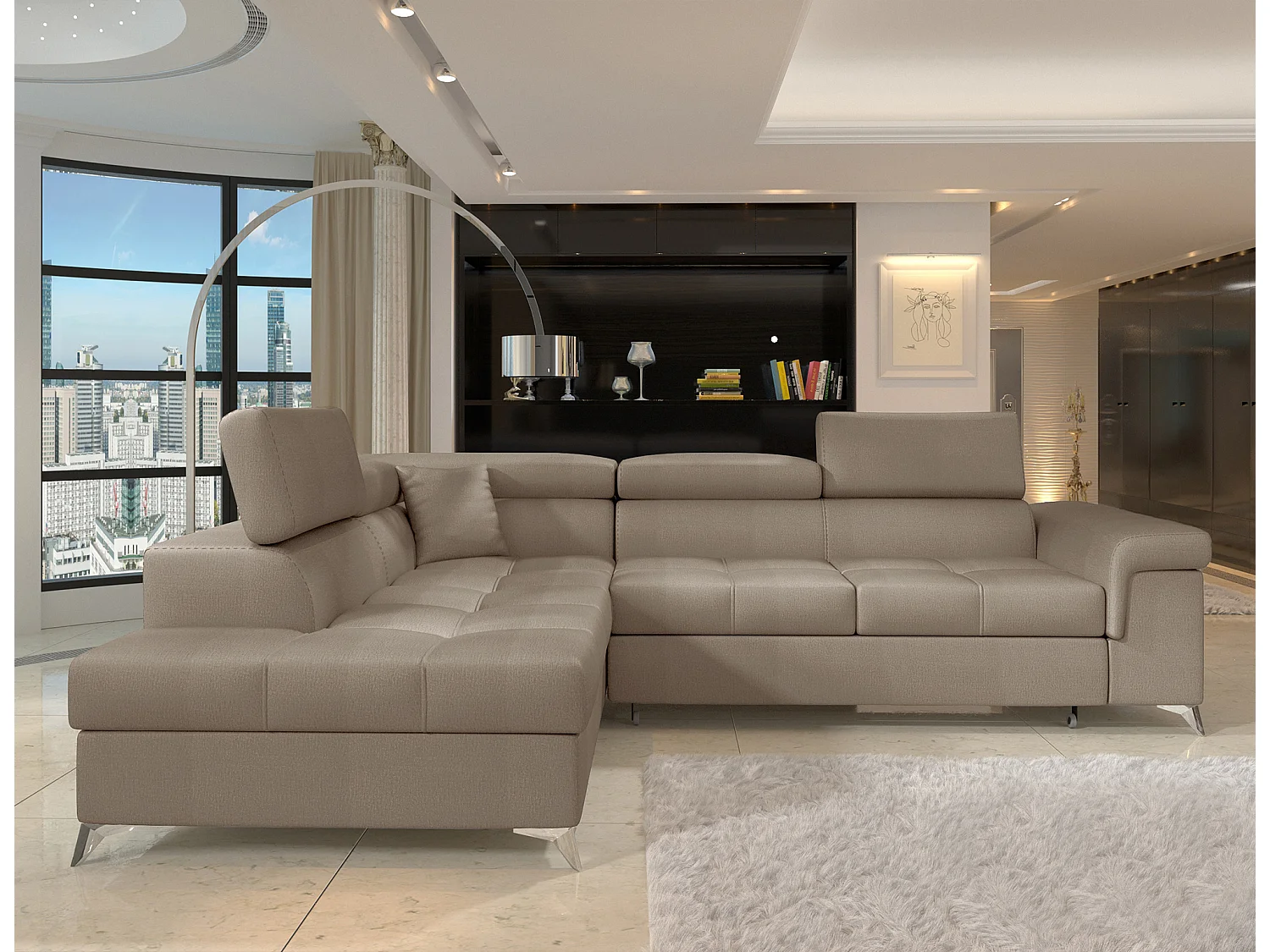 Sofá esquinero convertible de terciopelo MARIDO - Almacenamiento y reposacabezas ajustables-Marrón claro-Ángulo izquierdo