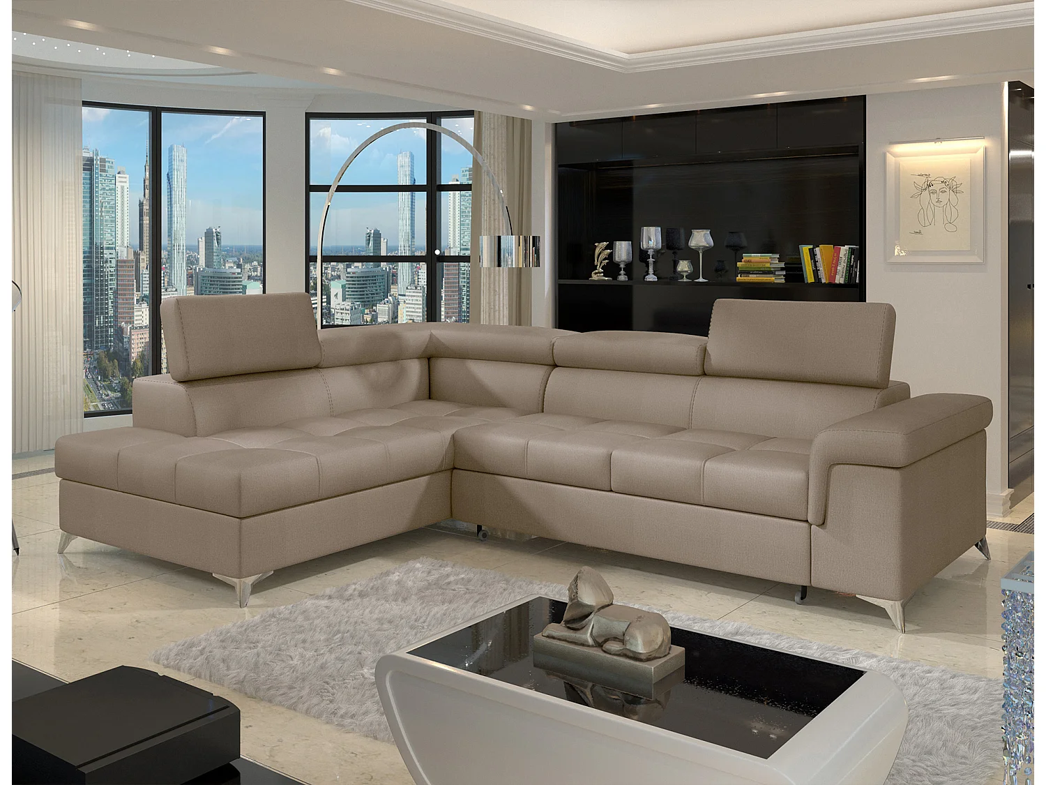 Sofá esquinero convertible de terciopelo MARIDO - Almacenamiento y reposacabezas ajustables-Marrón claro-Ángulo izquierdo