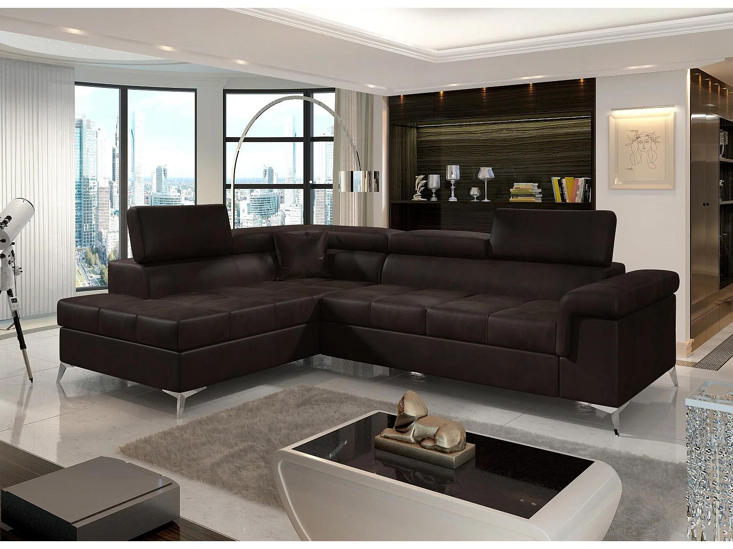 Canapé d'angle gauche convertible velours marron foncé Marido 275cm