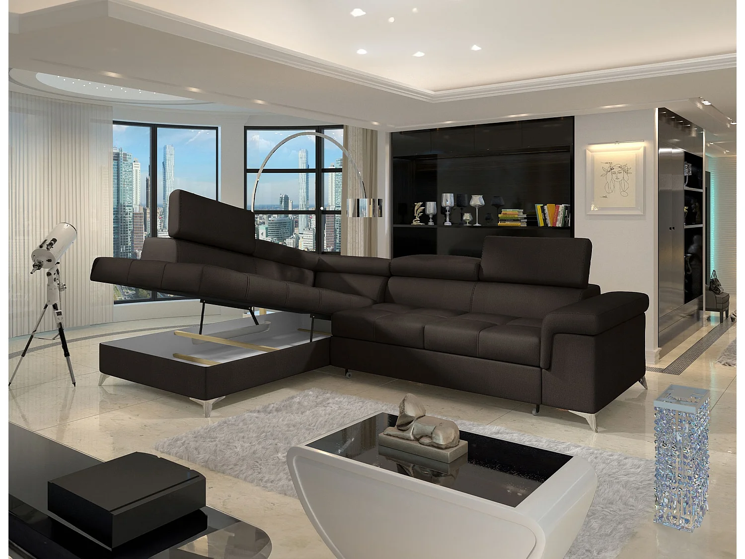 Sofá esquinero convertible de terciopelo MARIDO - Almacenamiento y reposacabezas ajustables-Marrón oscuro-Ángulo izquierdo