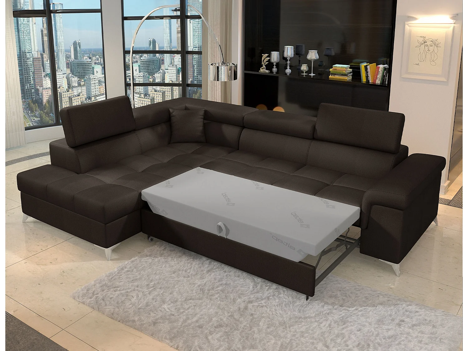Sofá esquinero convertible de terciopelo MARIDO - Almacenamiento y reposacabezas ajustables-Marrón oscuro-Ángulo izquierdo