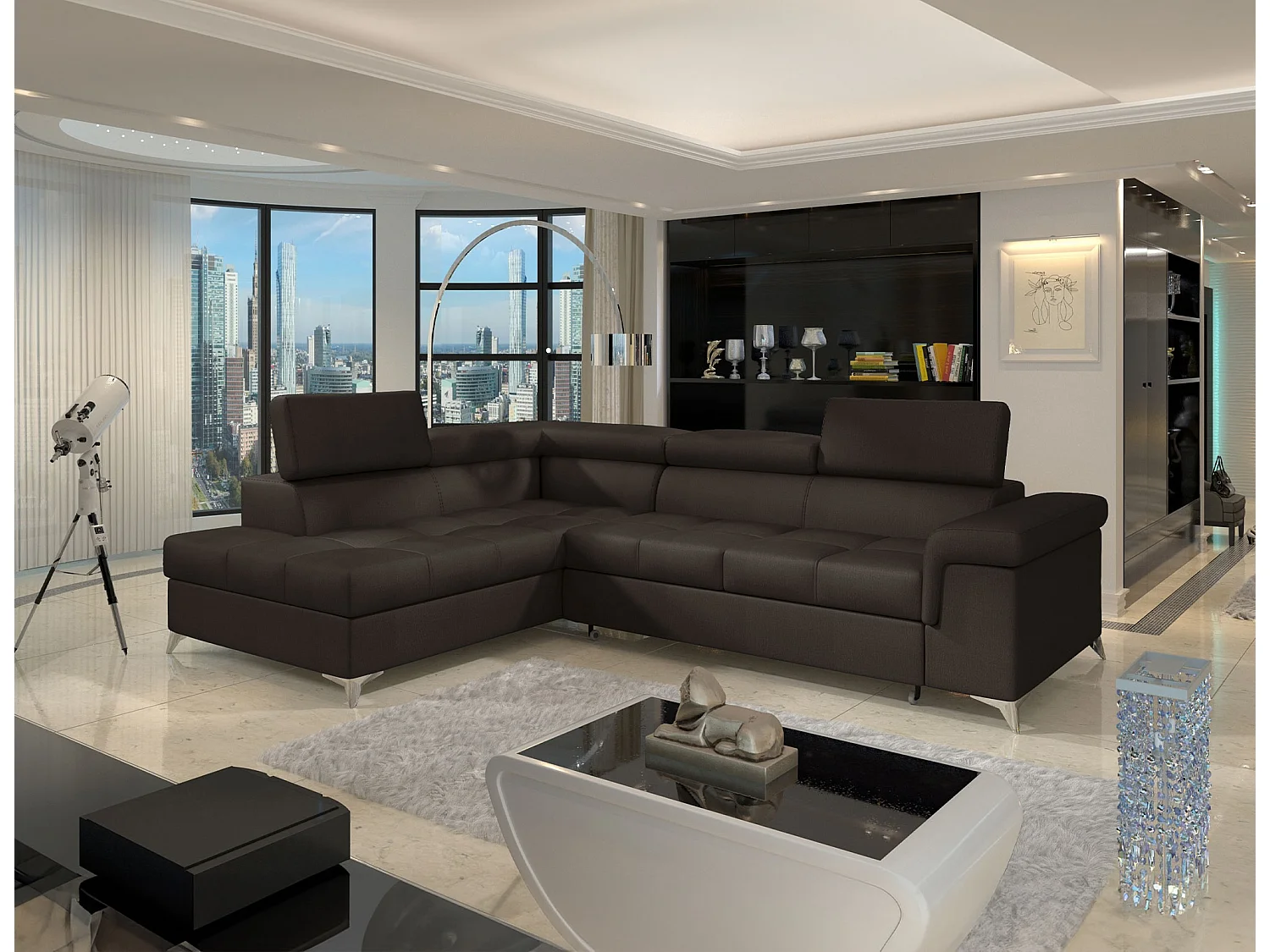 Sofá esquinero convertible de terciopelo MARIDO - Almacenamiento y reposacabezas ajustables-Marrón oscuro-Ángulo izquierdo