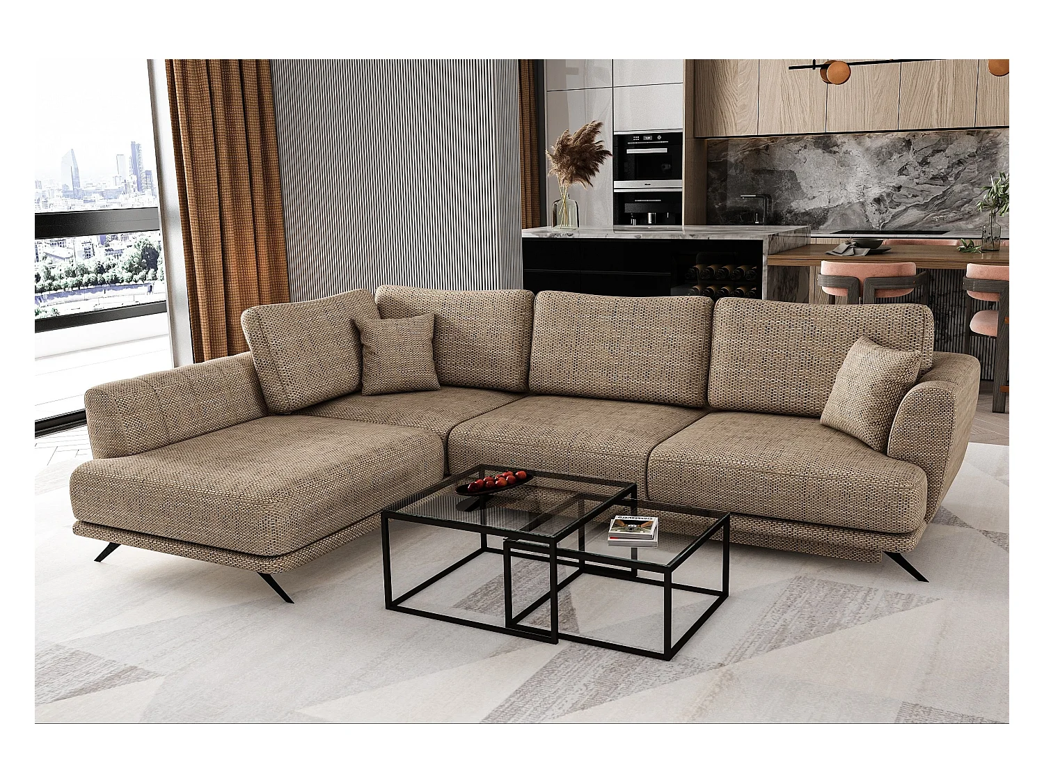 Canapé convertible angle gauche tissu beige chiné Savary 280cm