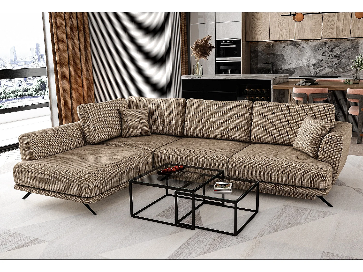 Canapé convertible angle gauche tissu beige chiné Savary 280cm