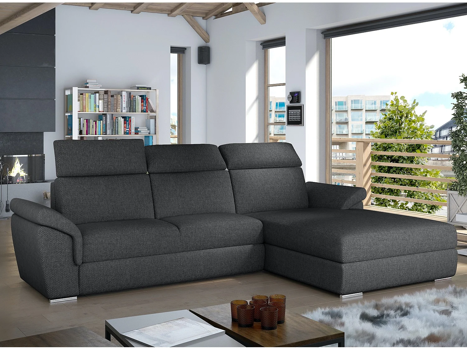 Canapé convertible d'angle droit tissu gris foncé chiné têtières réglables Suzy 272cm