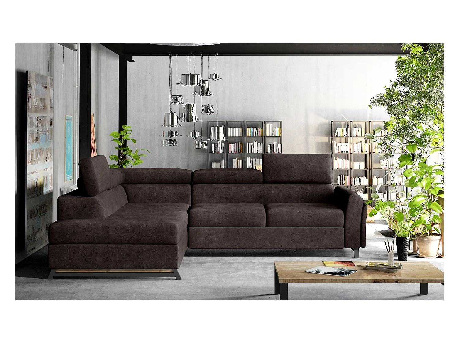 Canapé angle gauche convertible tissu marron avec têtières réglables Nikos 265cm