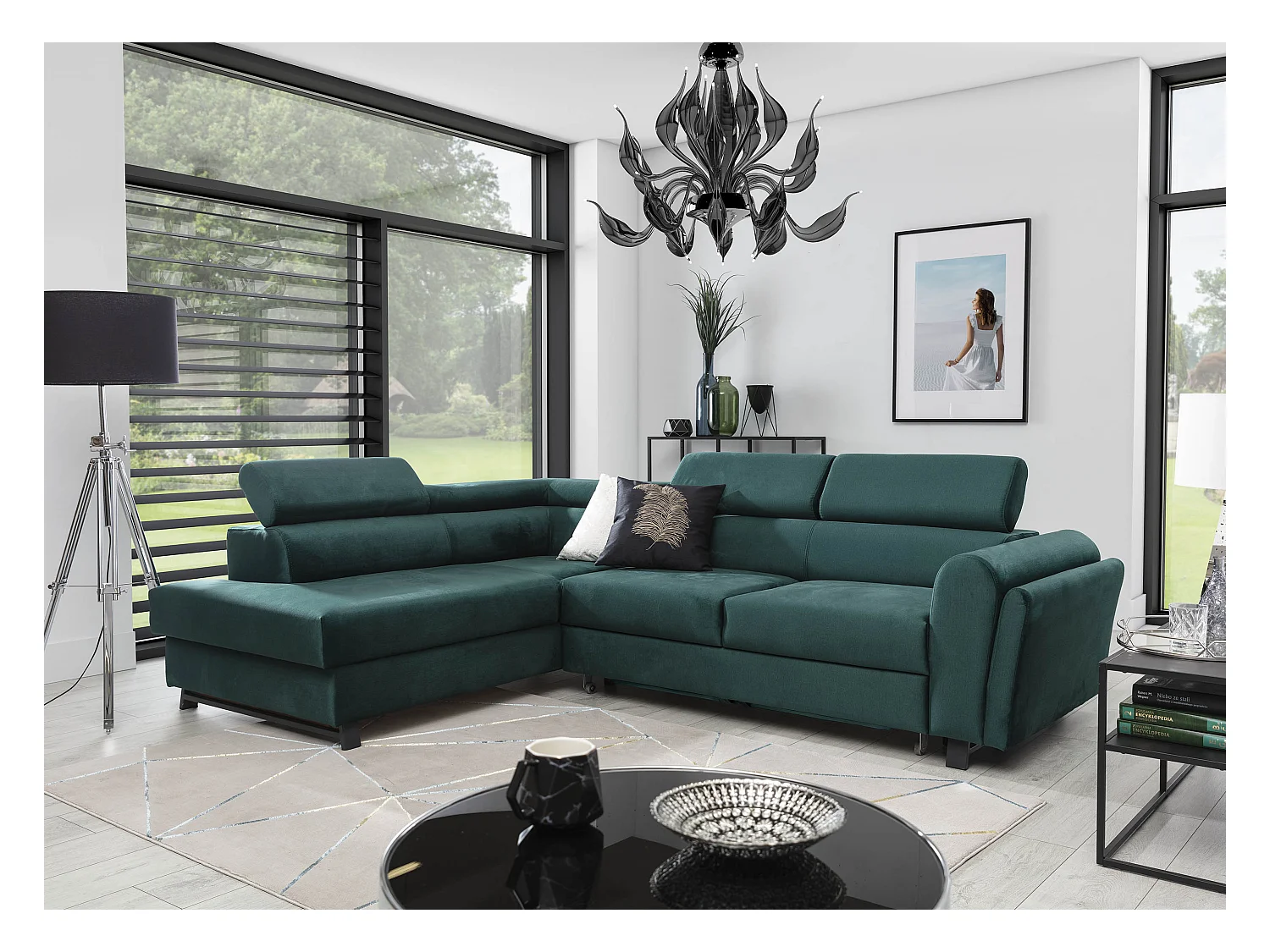 Canapé angle gauche convertible tissu marron avec têtières réglables Nikos 265cm