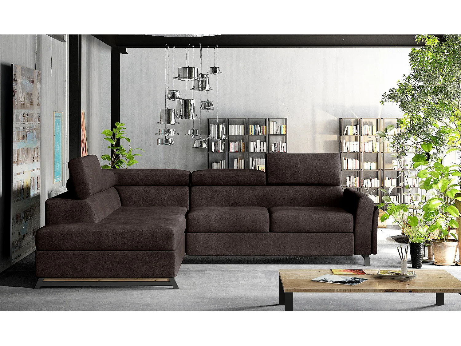 Canapé angle gauche convertible tissu marron avec têtières réglables Nikos 265cm