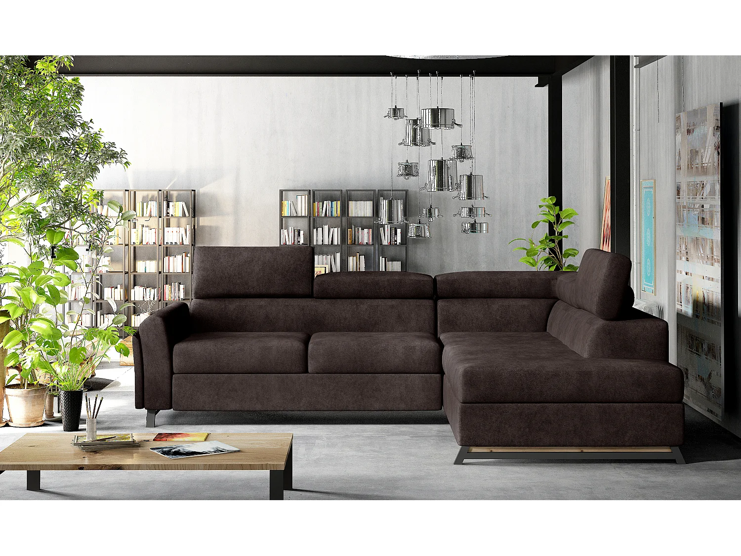 Canapé angle droit convertible tissu marron avec têtières réglables Nikos 265cm