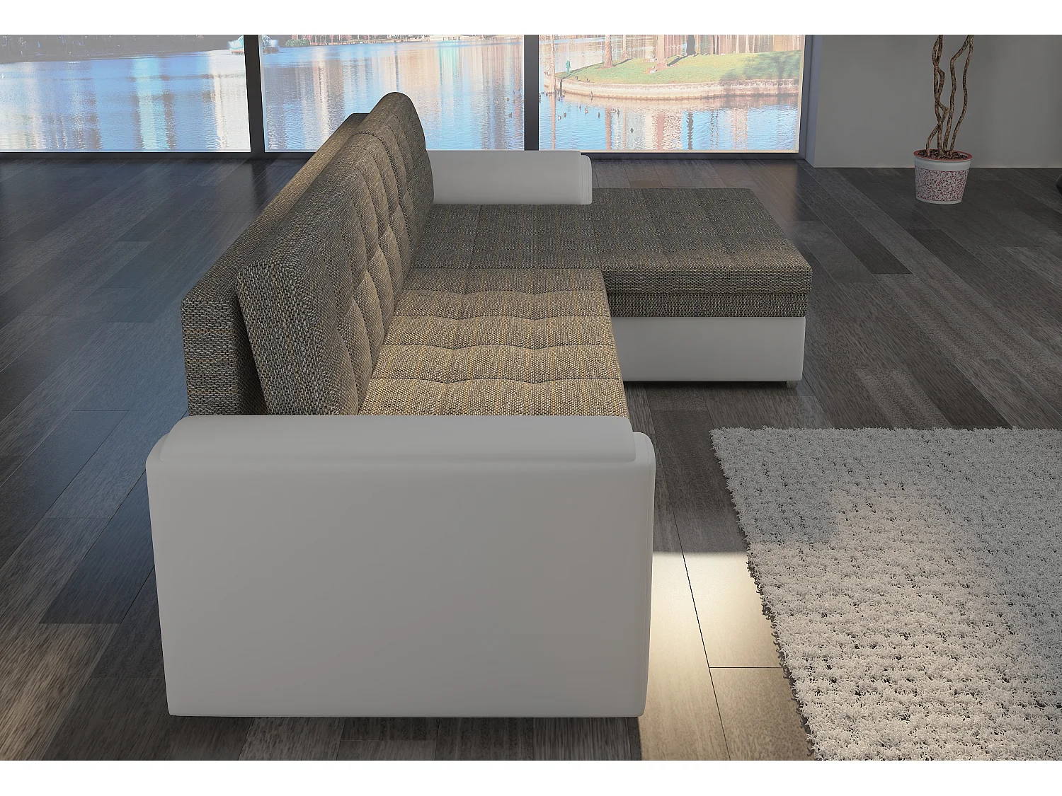 Canapé angle gauche convertible tissu gris chiné Kapitona 270cm