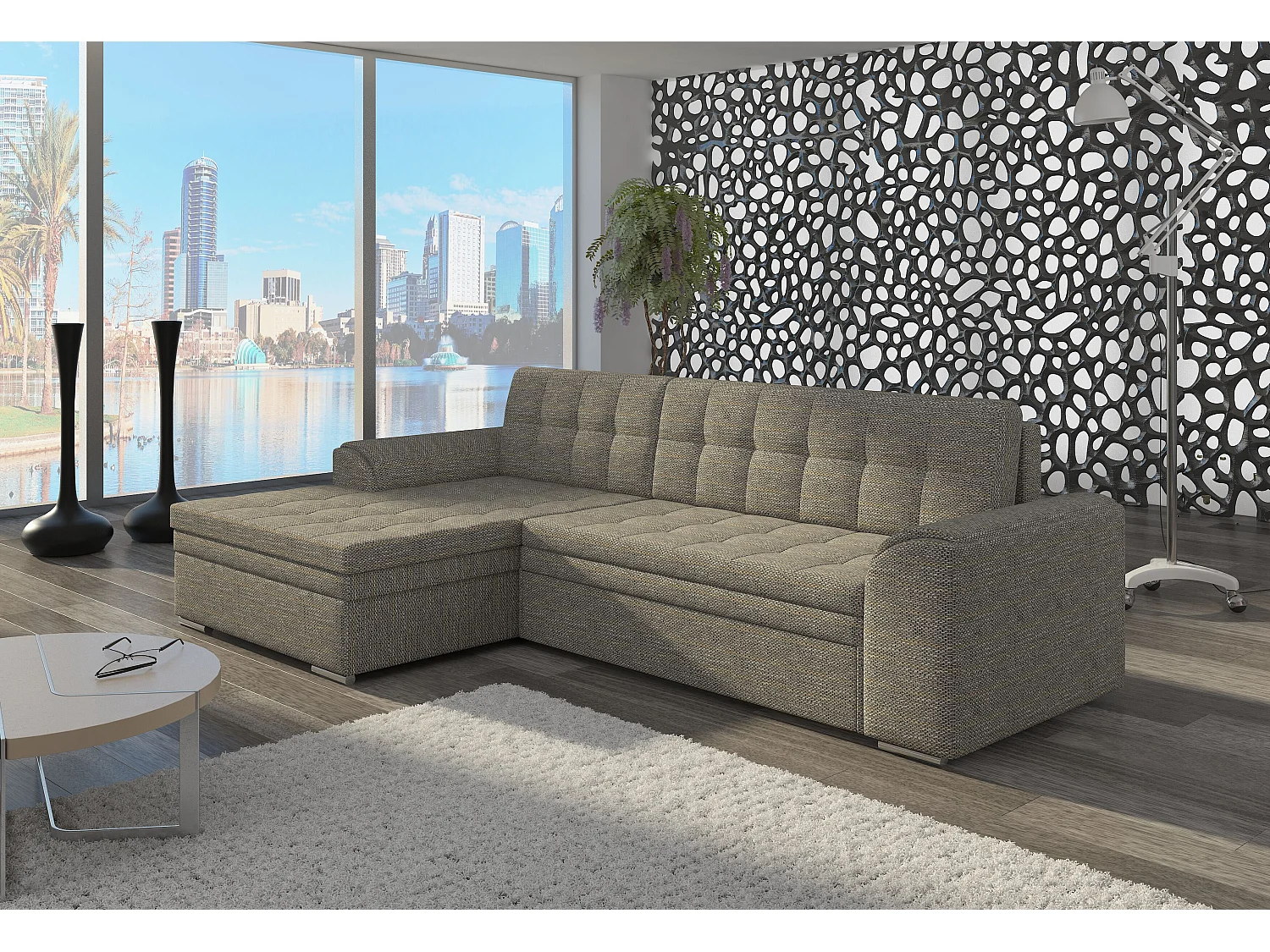 Canapé angle gauche convertible tissu gris chiné Kapitona 270cm