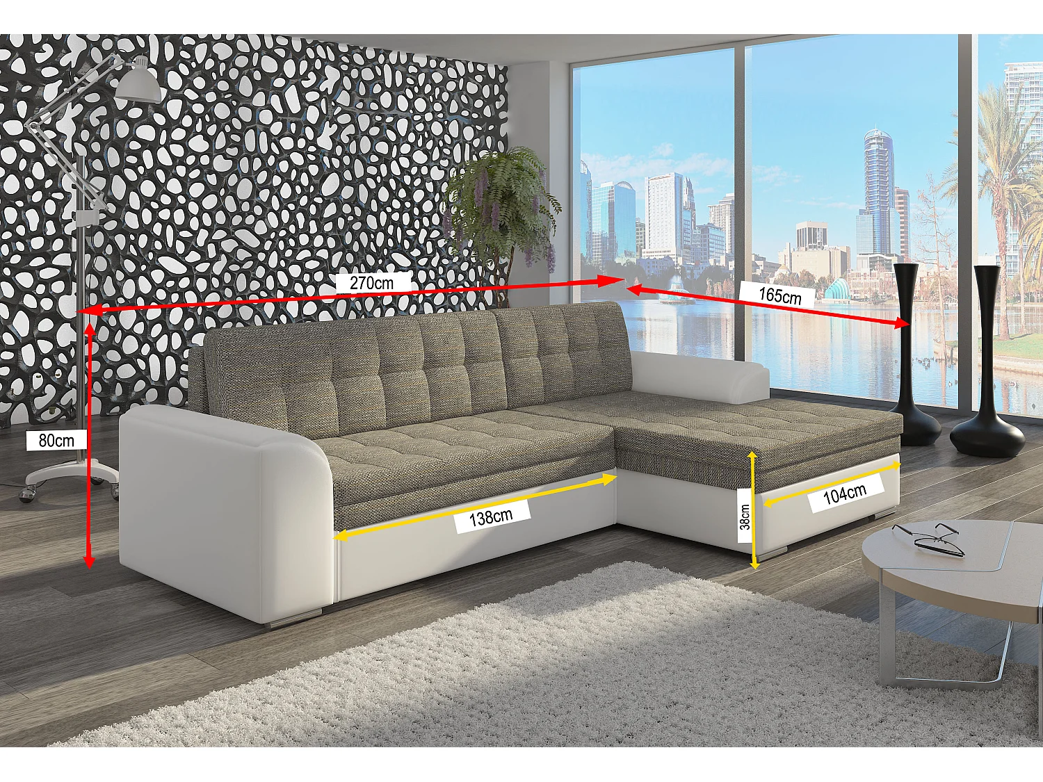 Canapé angle gauche convertible tissu gris chiné Kapitona 270cm