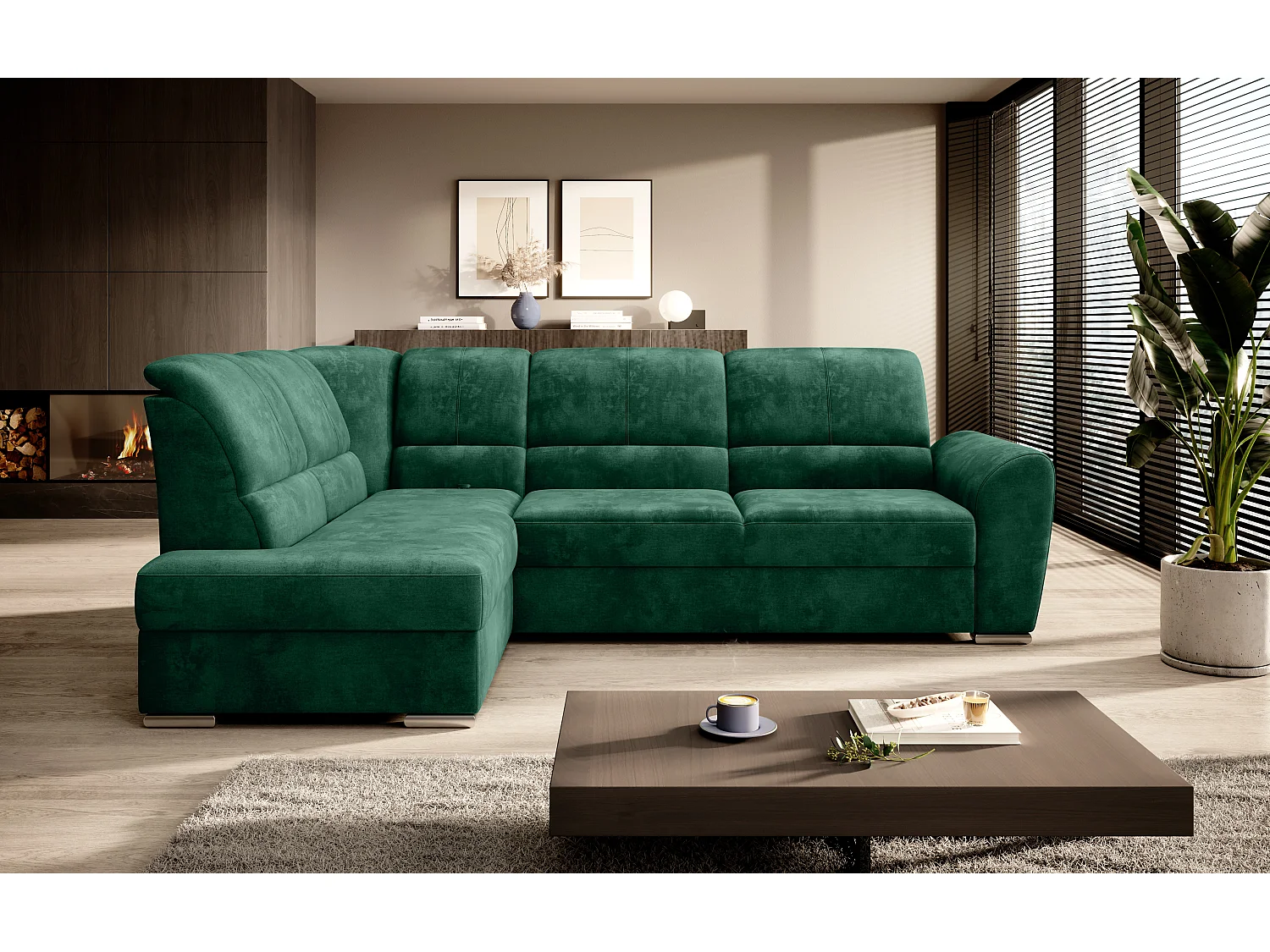 Converteerbare hoekbank links in zachtgroene stof en chroomstalen poten Zabor 270 cm