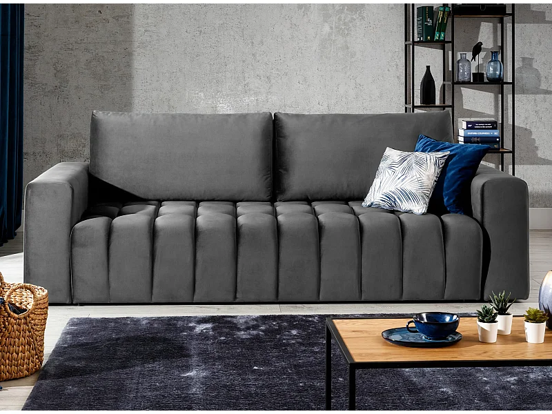 Canapé convertible 3 places tissu doux gris foncé avec coffre de rangement Larko 245cm