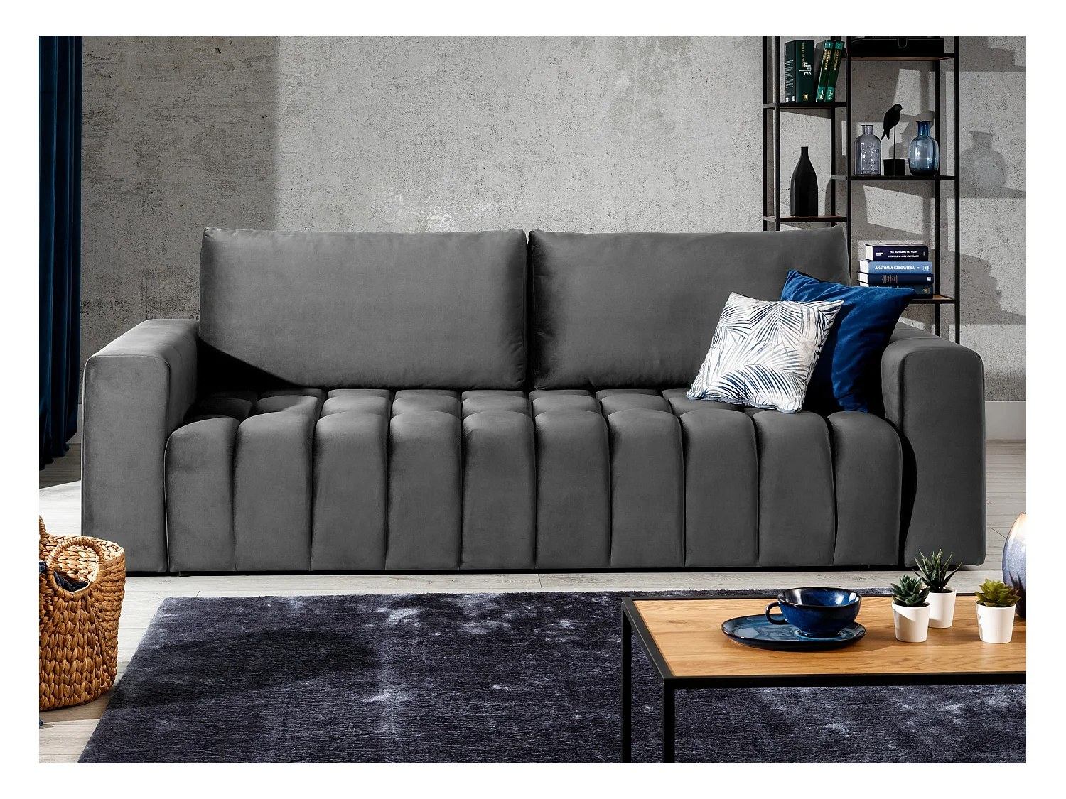 Canapé convertible 3 places tissu doux gris foncé avec coffre de rangement Larko 245cm