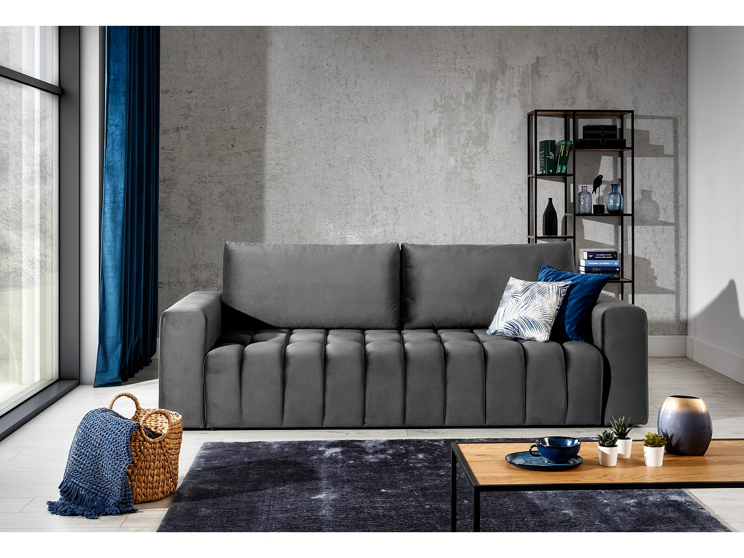 Canapé convertible 3 places tissu doux gris foncé avec coffre de rangement Larko 245cm