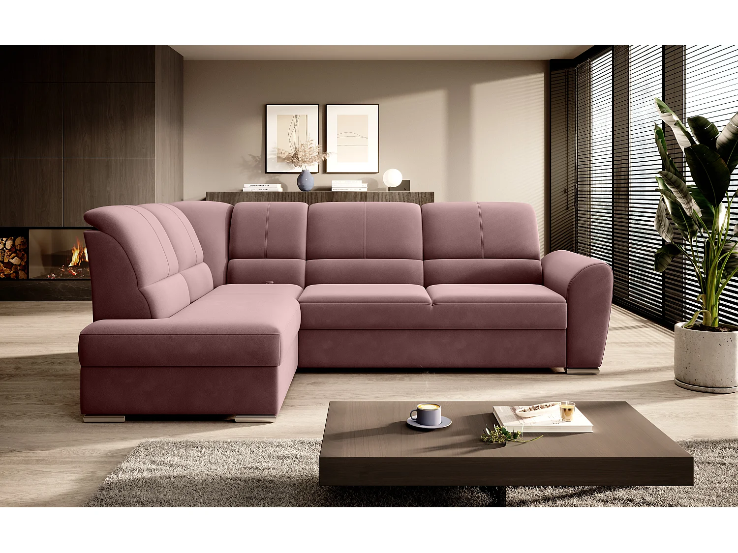 Canapé angle gauche convertible velours rose cuivré et pieds acier chromé Zabor 270cm