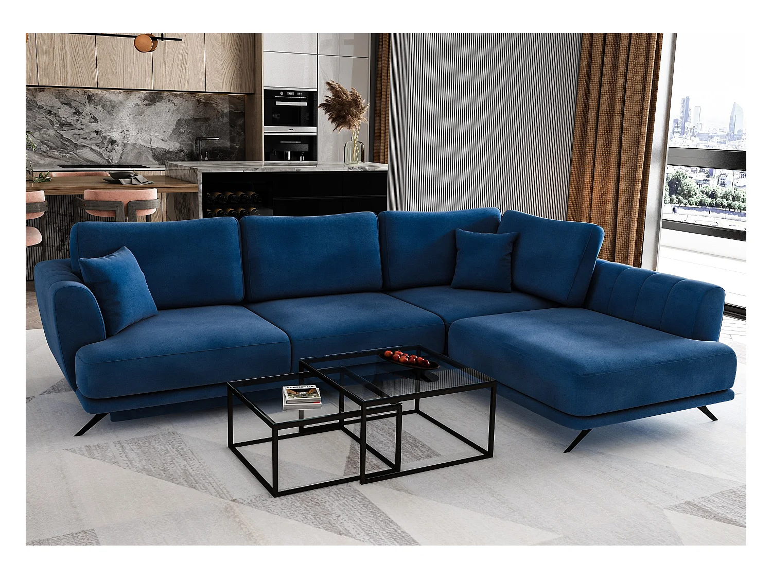 Canapé convertible angle droit tissu bleu klein Savary 280cm