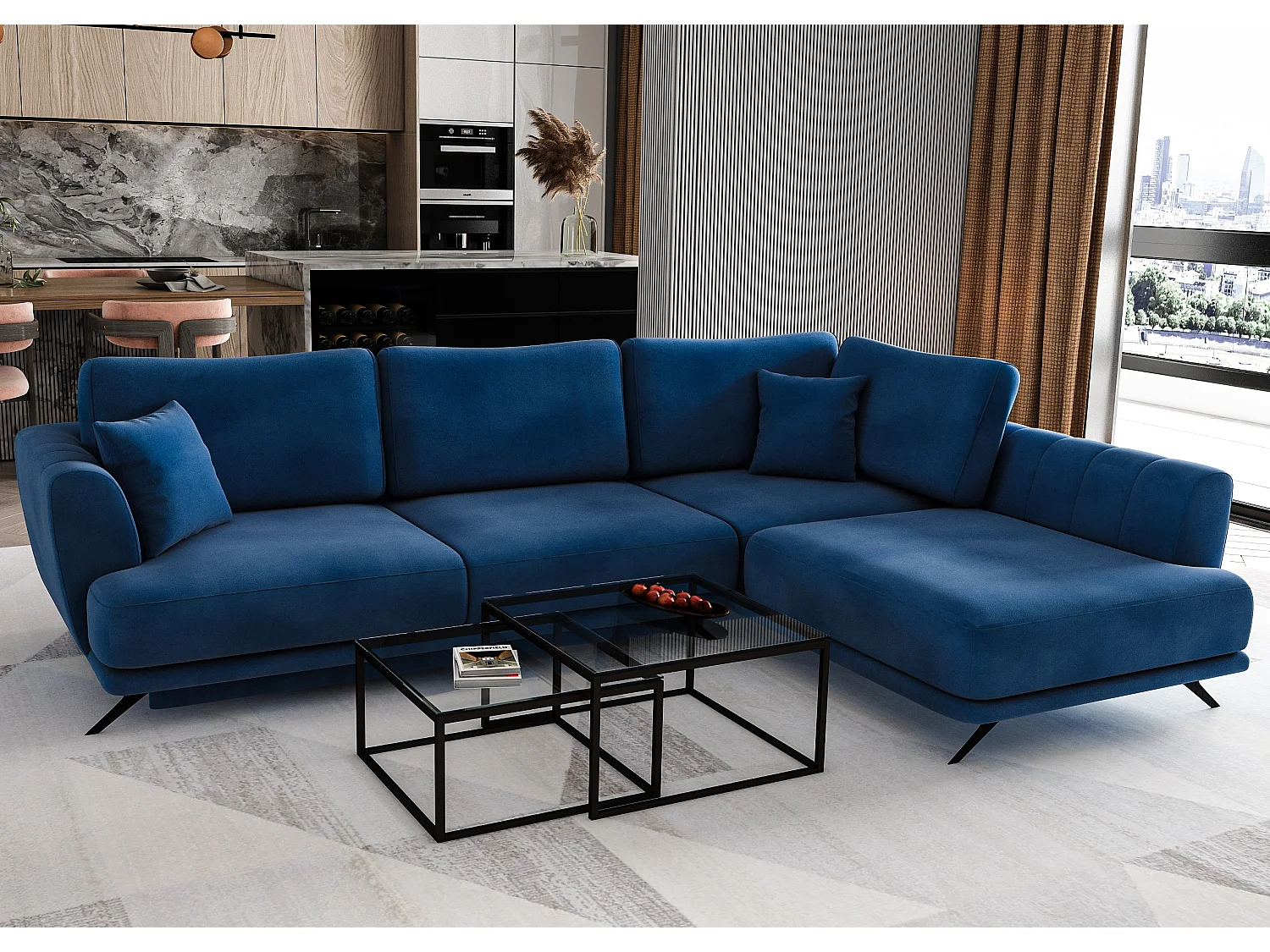 Canapé convertible angle droit tissu bleu klein Savary 280cm