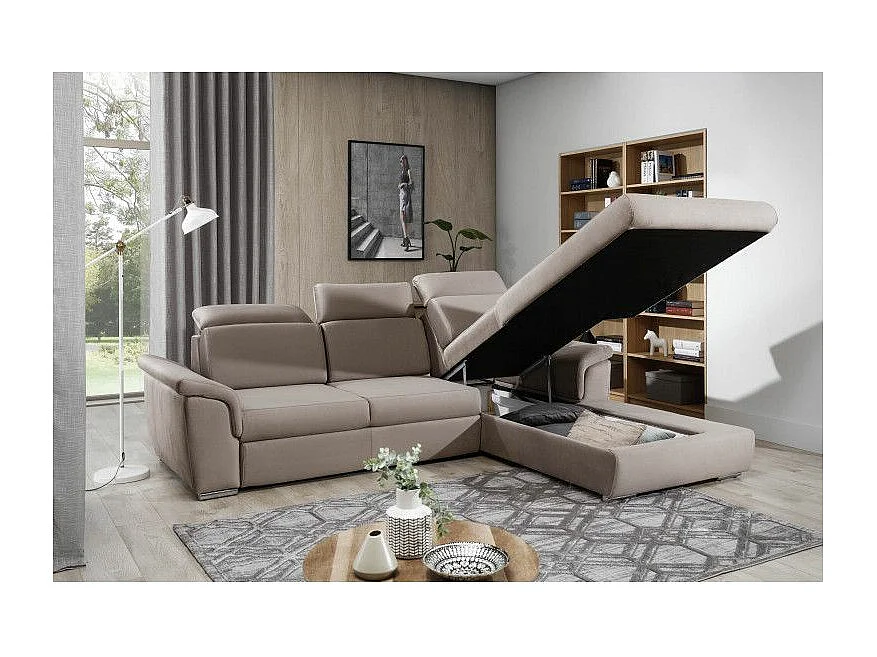 Canapé convertible d'angle droit simili noir et tissu gris clair Suzy 272cm