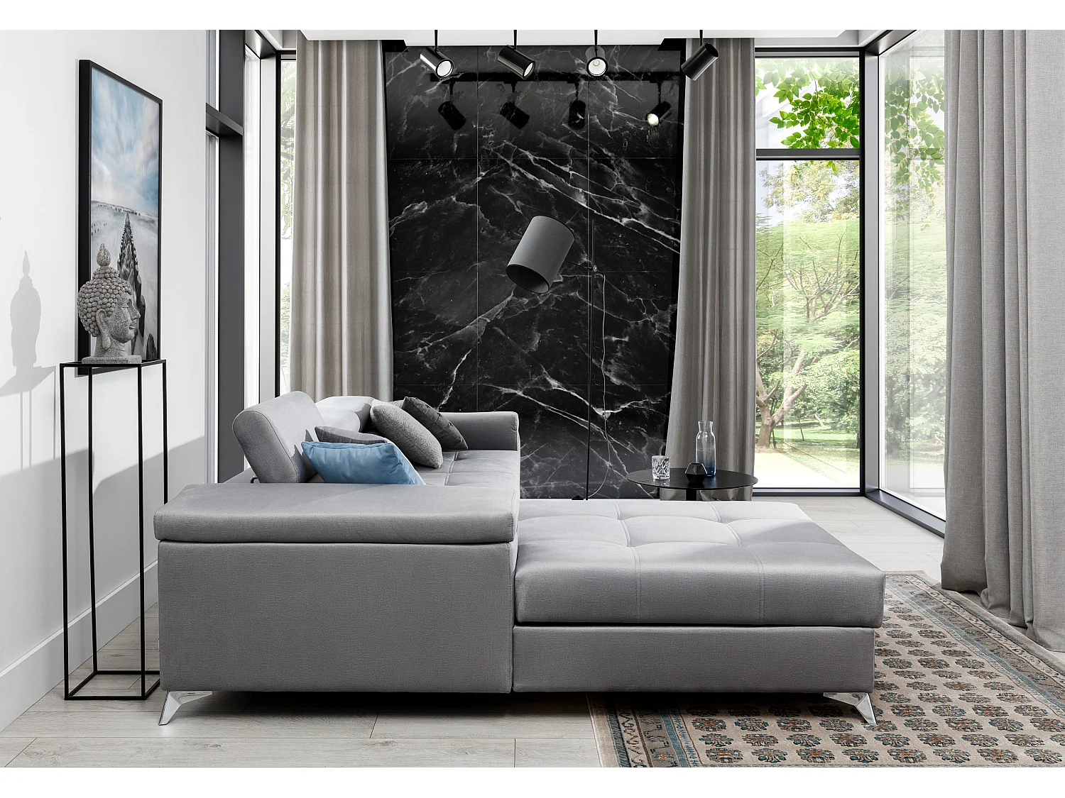 Canapé angle gauche convertible velours gris clair avec appuis-tête réglables Rikaro 280cm