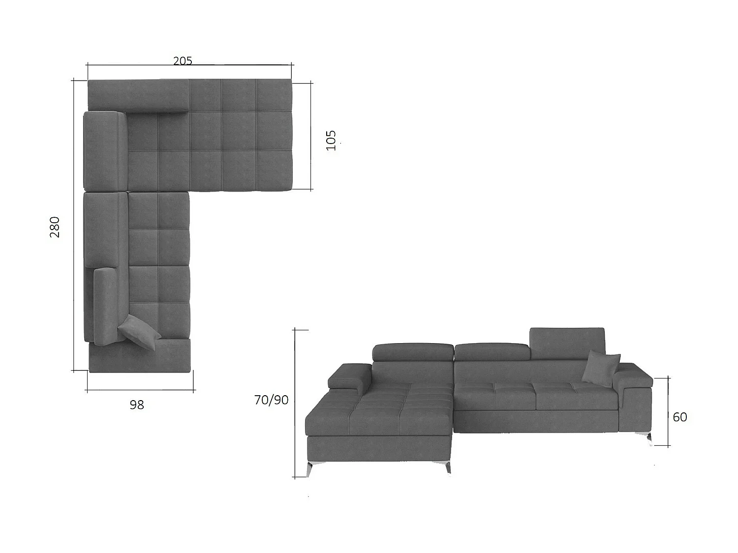 Canapé angle gauche convertible velours gris clair avec appuis-tête réglables Rikaro 280cm