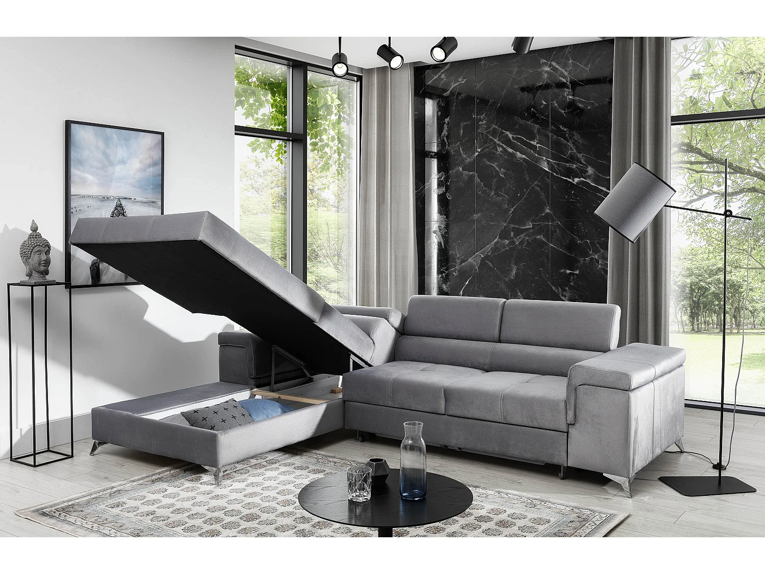 Canapé angle gauche convertible velours gris clair avec appuis-tête réglables Rikaro 280cm