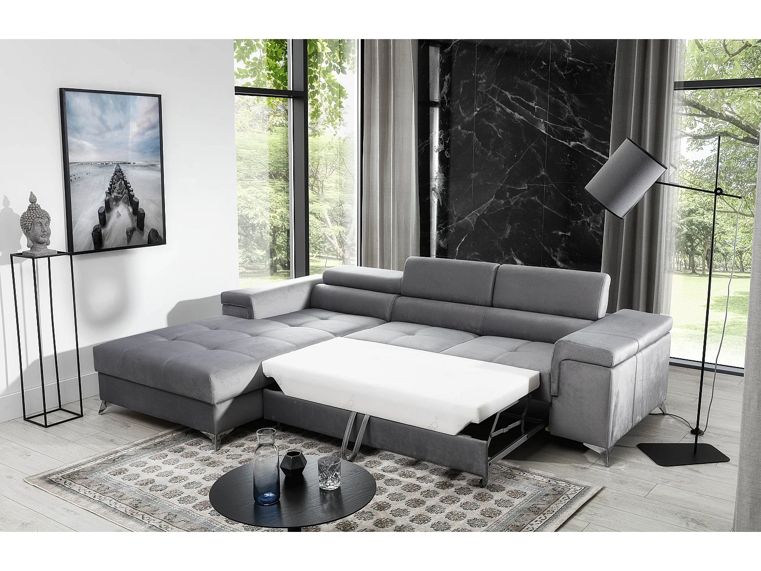 Canapé angle gauche convertible velours gris clair avec appuis-tête réglables Rikaro 280cm