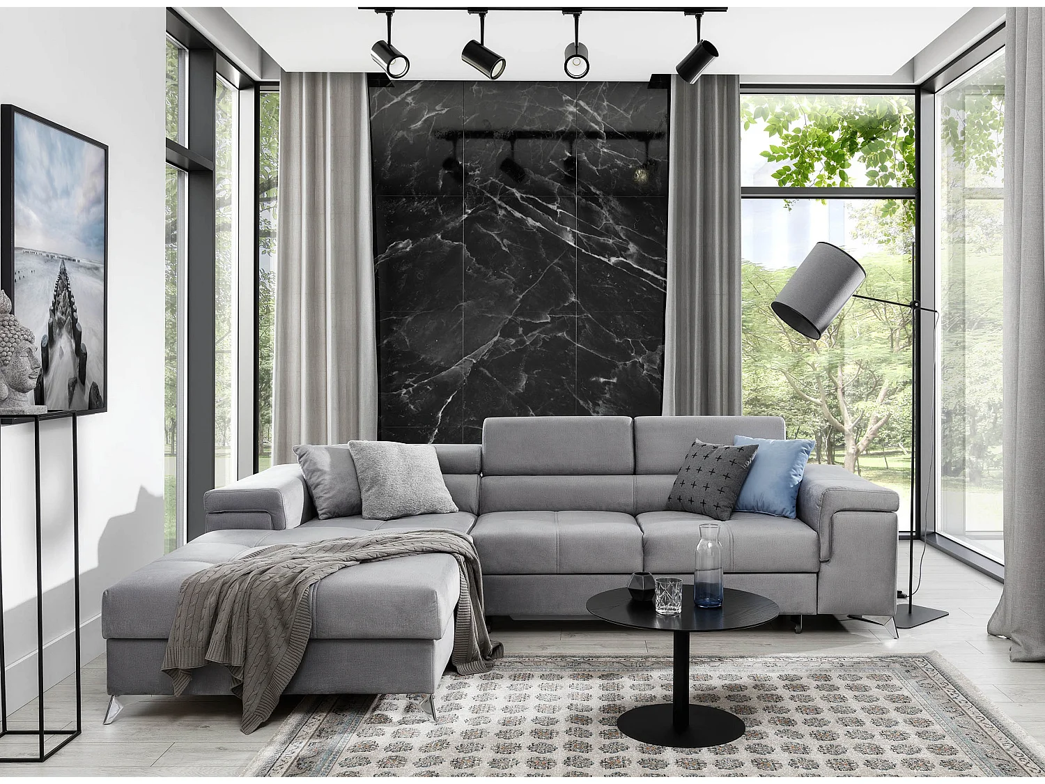 Canapé angle gauche convertible velours gris clair avec appuis-tête réglables Rikaro 280cm