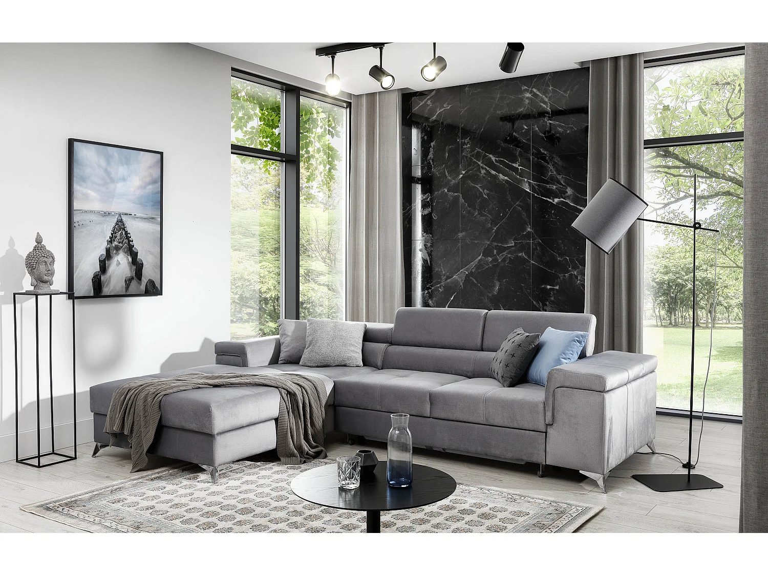 Canapé angle gauche convertible velours gris clair avec appuis-tête réglables Rikaro 280cm