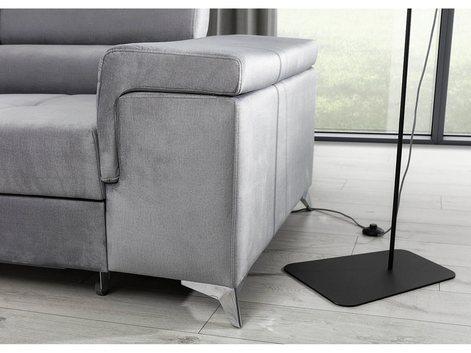 Canapé angle gauche convertible velours gris clair avec appuis-tête réglables Rikaro 280cm