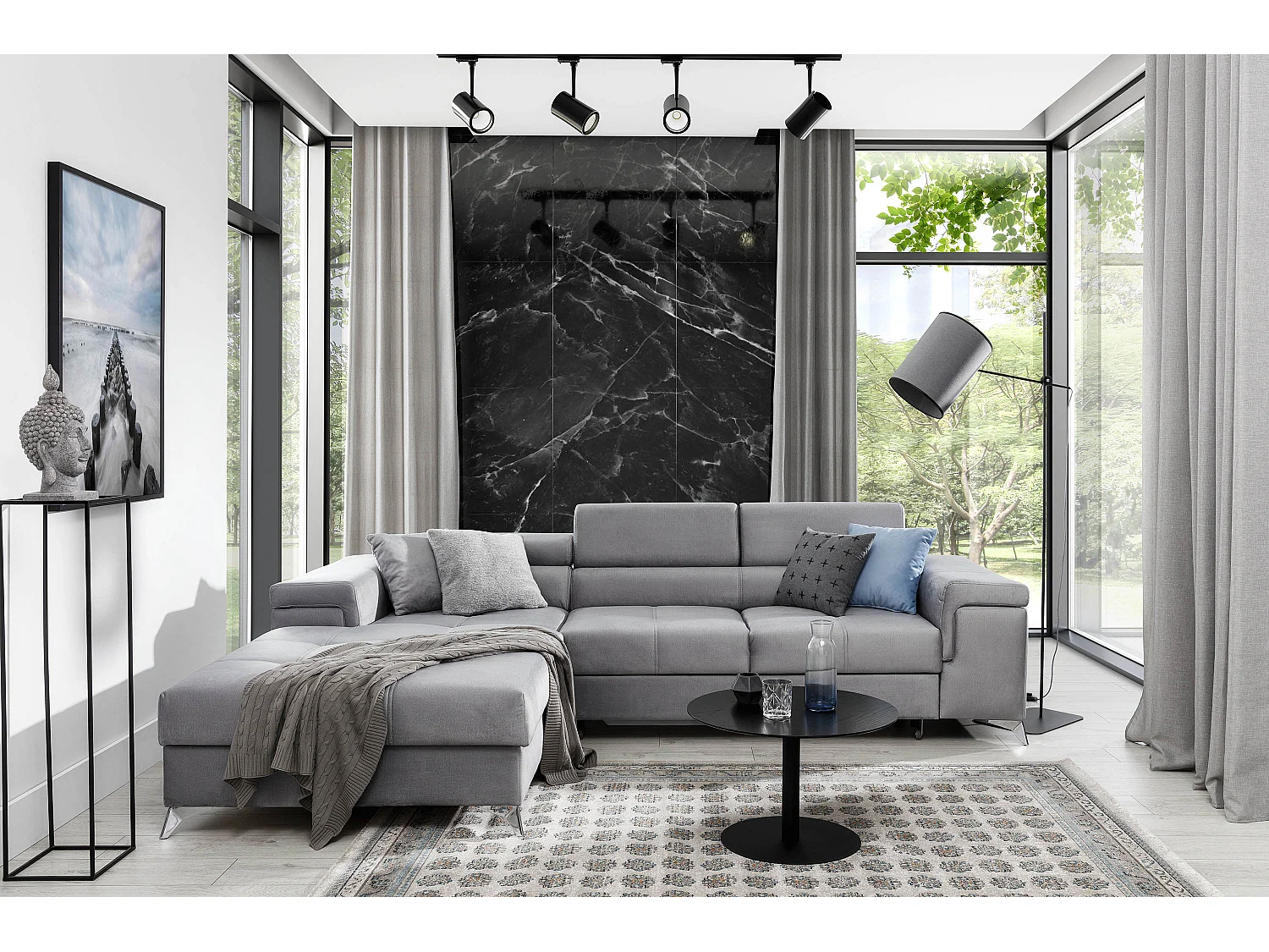 Sofá esquinero convertible RIKARO de terciopelo con reposacabezas ajustables - Base y patas de acero cromado-Gris claro-Ángulo izquierdo