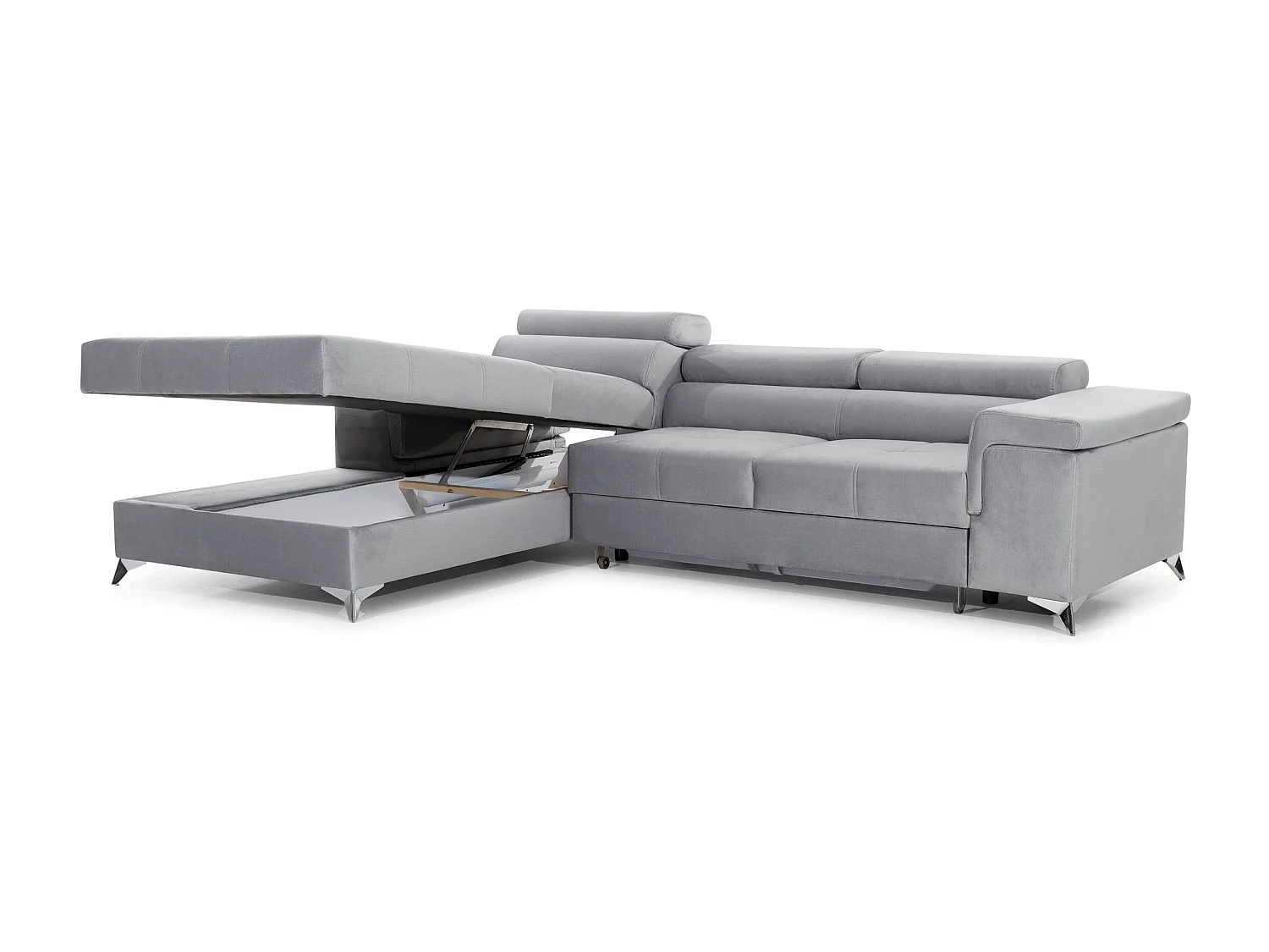 Sofá esquinero convertible RIKARO de terciopelo con reposacabezas ajustables - Base y patas de acero cromado-Gris claro-Ángulo izquierdo