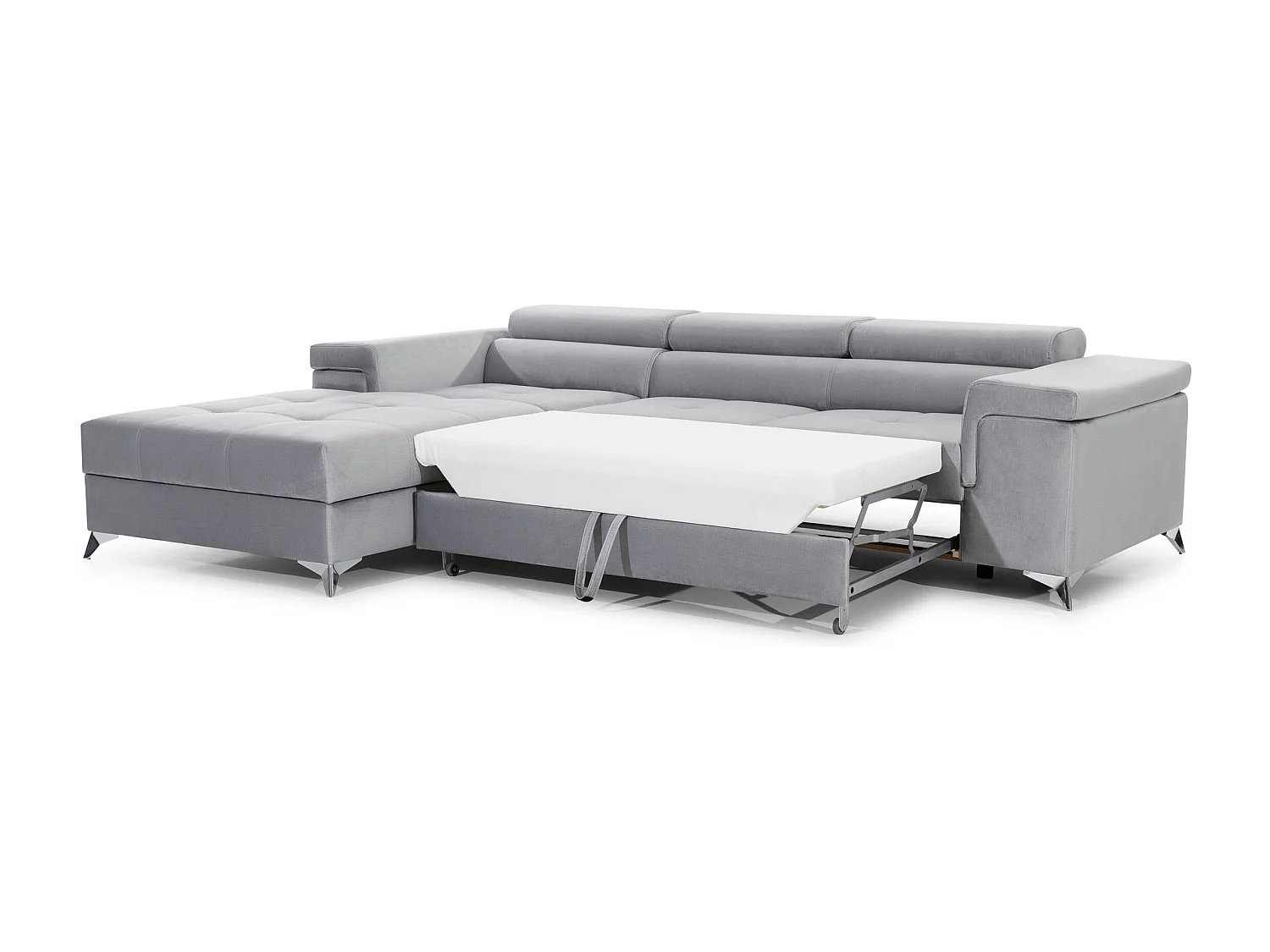 Sofá esquinero convertible RIKARO de terciopelo con reposacabezas ajustables - Base y patas de acero cromado-Gris claro-Ángulo izquierdo