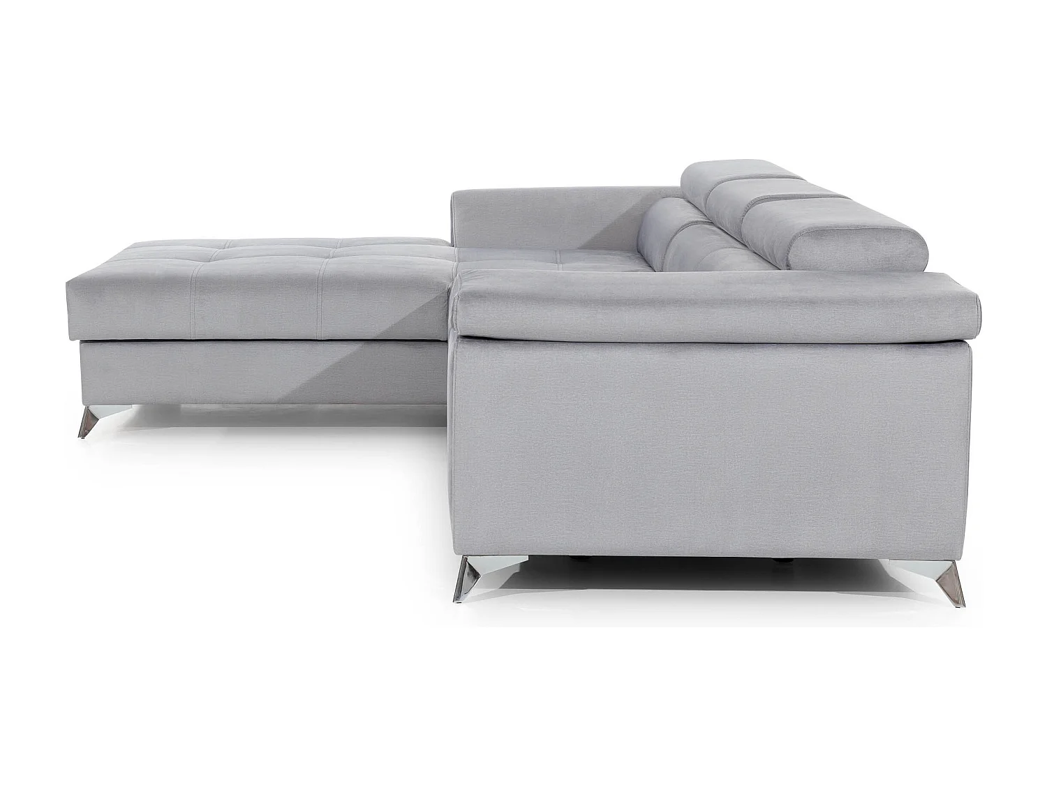 Sofá esquinero convertible RIKARO de terciopelo con reposacabezas ajustables - Base y patas de acero cromado-Gris claro-Ángulo izquierdo