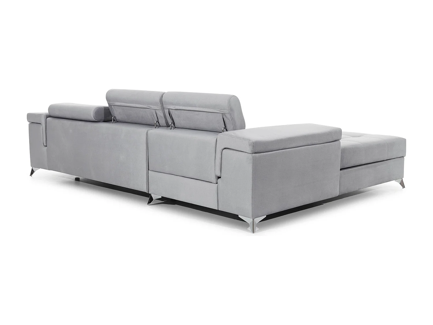 Sofá esquinero convertible RIKARO de terciopelo con reposacabezas ajustables - Base y patas de acero cromado-Gris claro-Ángulo izquierdo