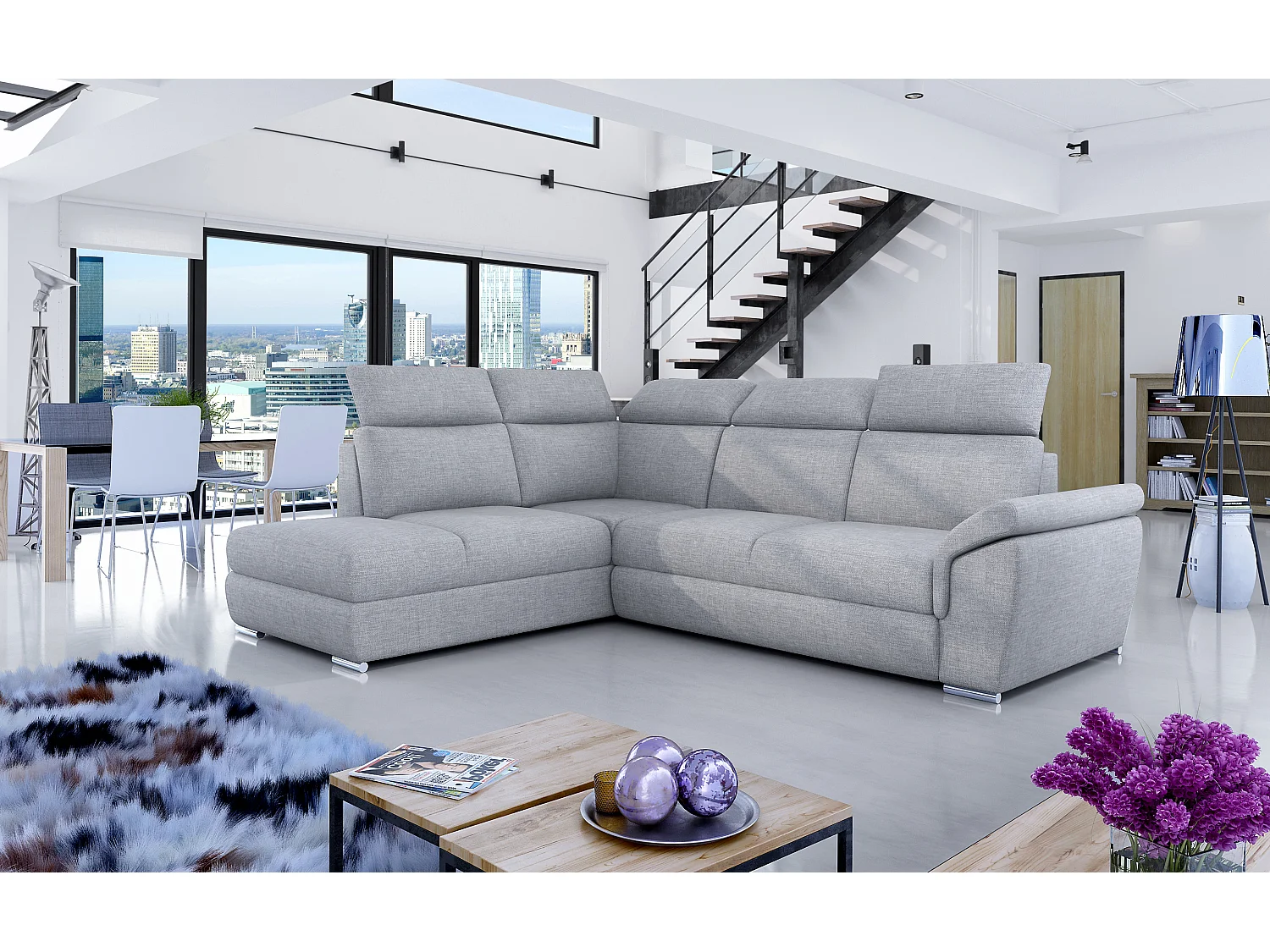 Canapé angle gauche convertible tissu gris clair avec appuis-tête réglables Kepita 260cm