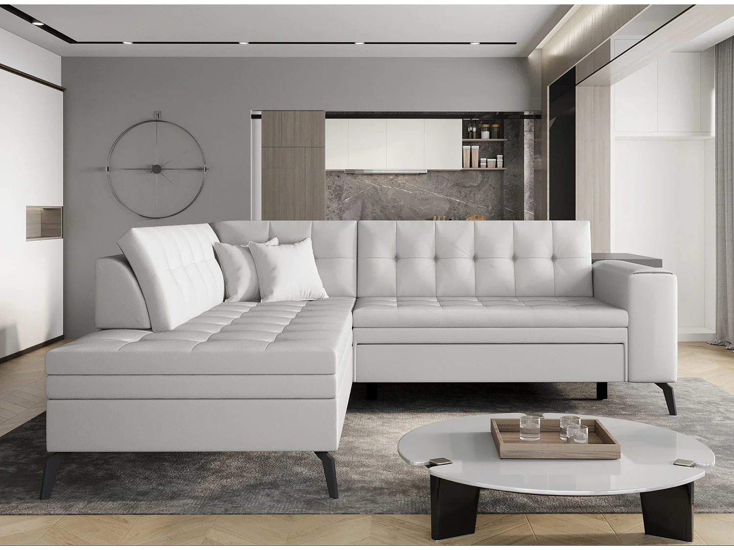 Canapé convertible capitonné angle gauche simili cuir blanc Larry 260cm