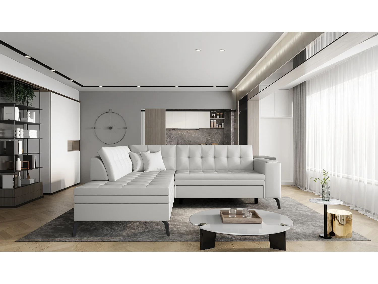 Canapé convertible capitonné angle gauche simili cuir blanc Larry 260cm