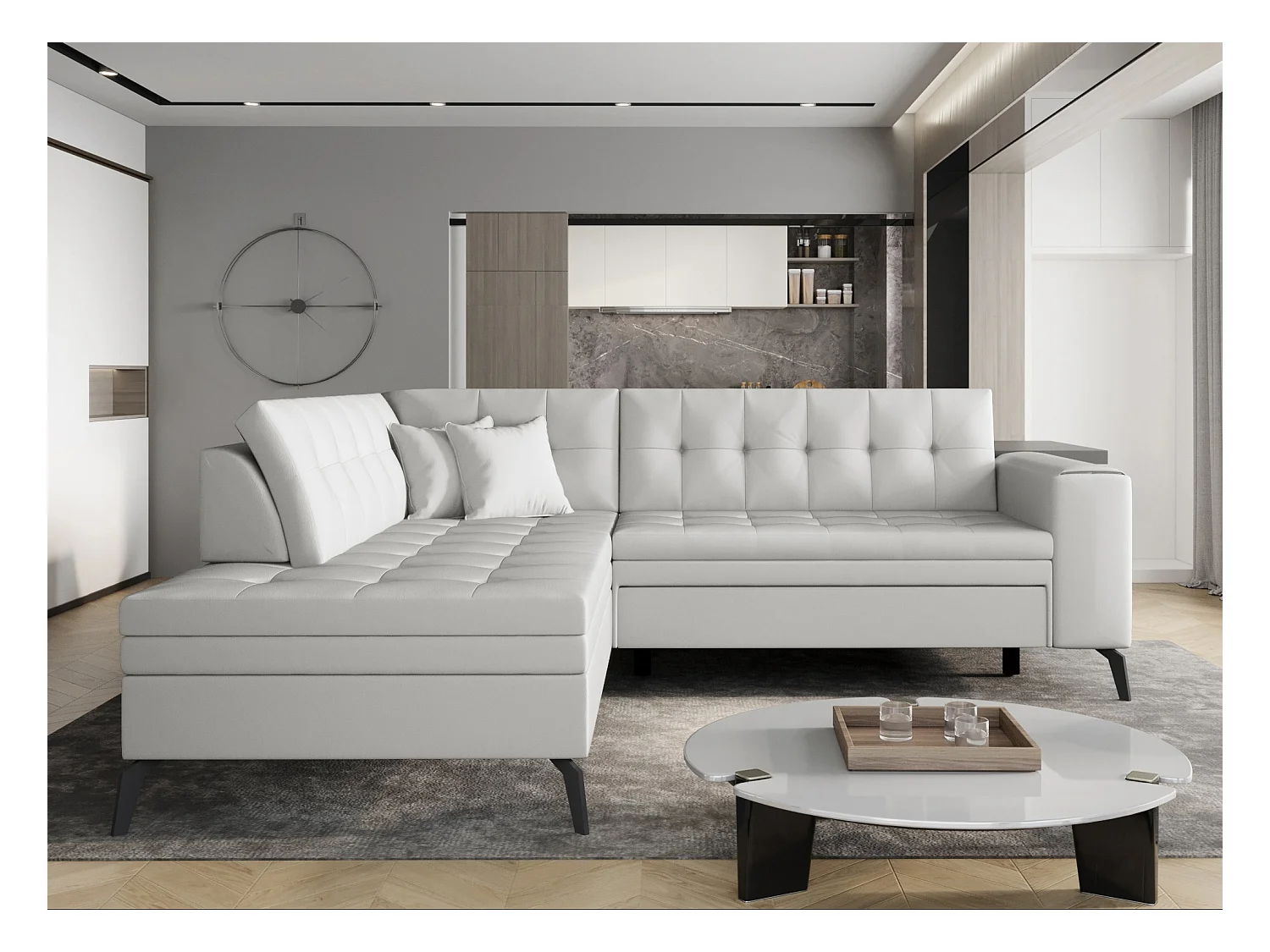 Canapé convertible capitonné angle gauche simili cuir blanc Larry 260cm