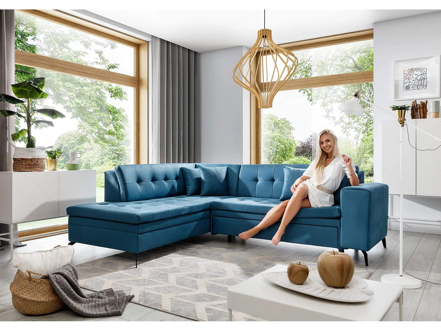 Canapé convertible capitonné angle gauche simili cuir blanc Larry 260cm