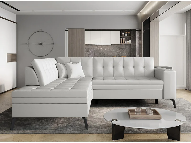 Canapé convertible capitonné angle gauche simili cuir blanc Larry 260cm